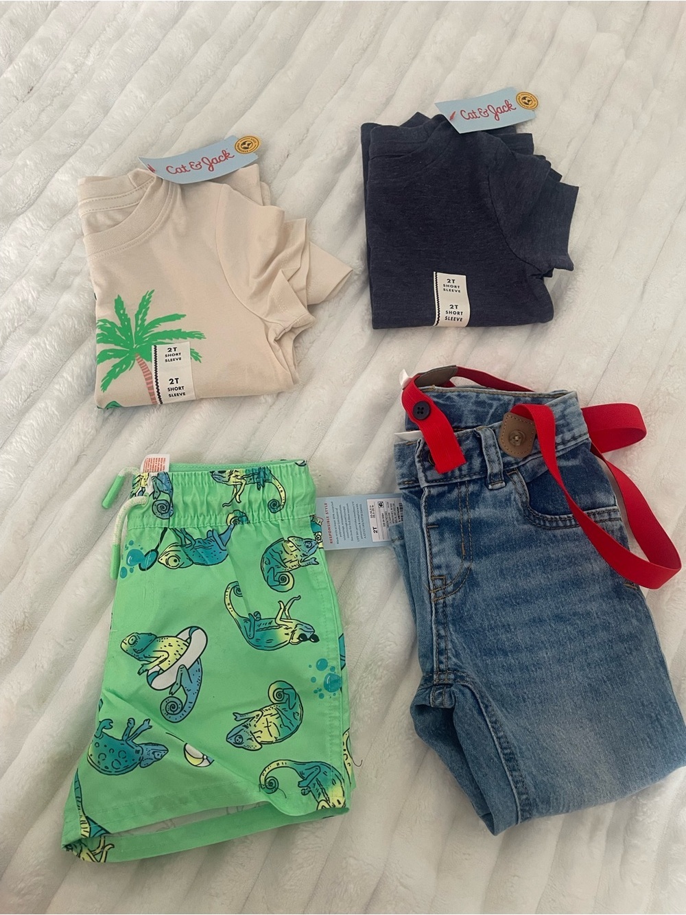 Cat & Jack Neon Green Swim Shorts with Yellow and Teal Chameleon Print 4 pieces